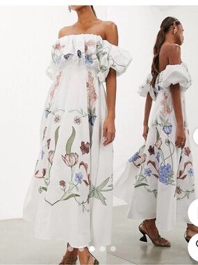 ASOS -edition floral embroidered bardot puff sleeve/spring wedding guest dress